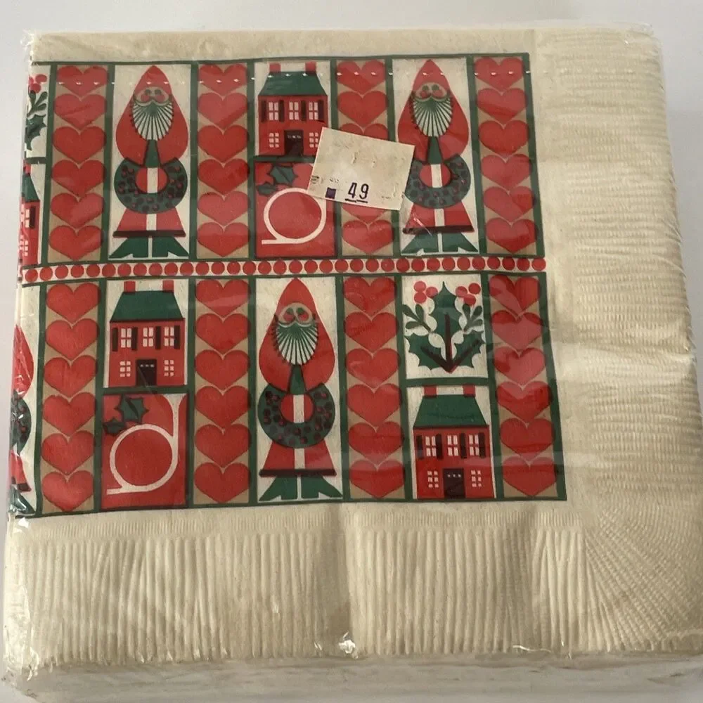 NOS Vintage Christmas Cocktail Napkins Package Of 50 Folk Art Santa Wreath New